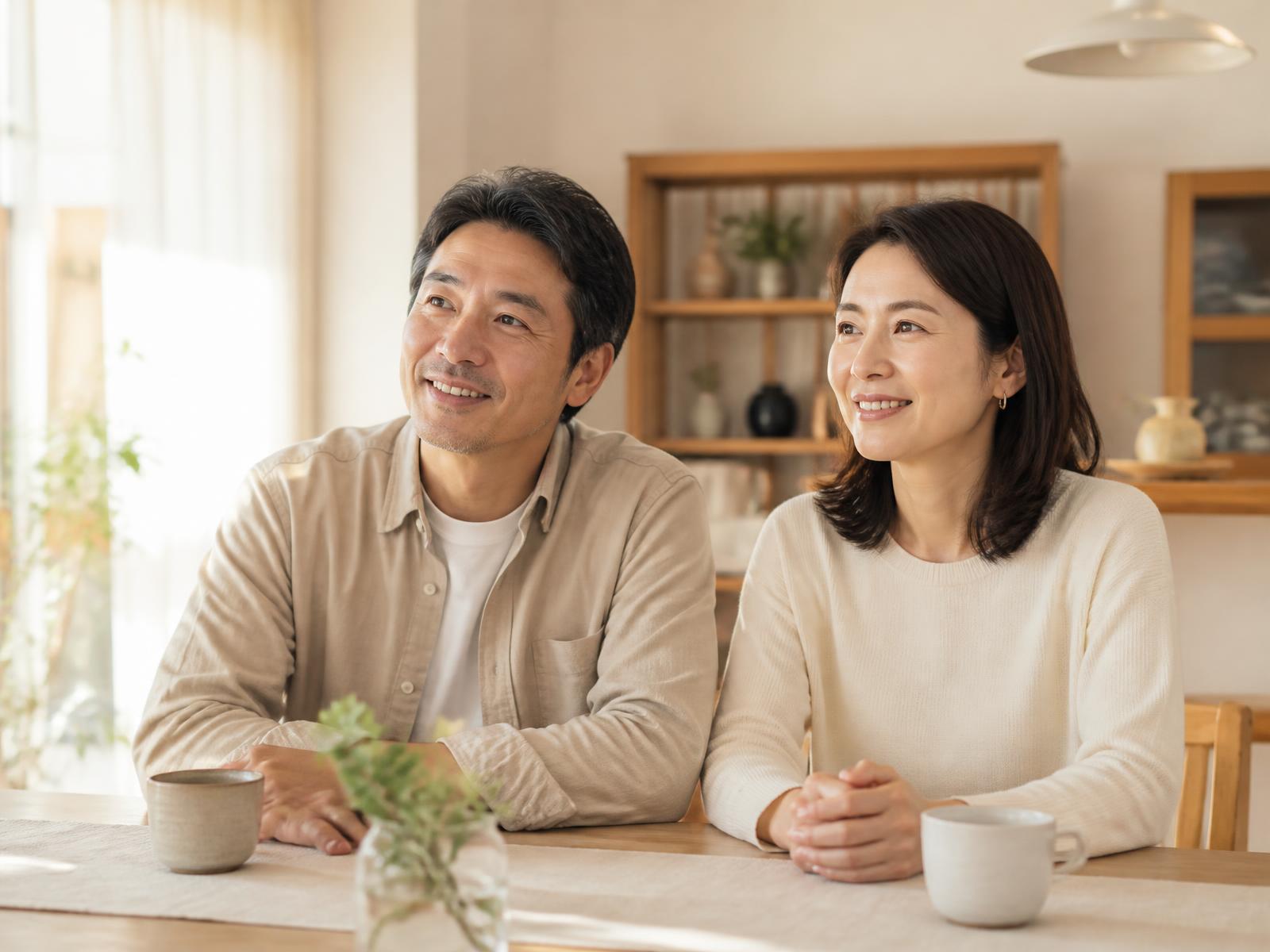 やわらかな光の中で食卓に向かい合う夫婦
